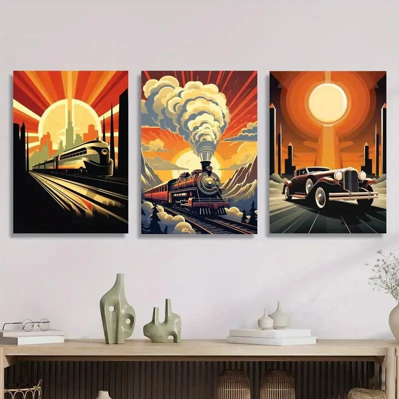 3pcs Vintage Cars & Trains, Retro Abstract Steam Metal Print Ready to Hang Art