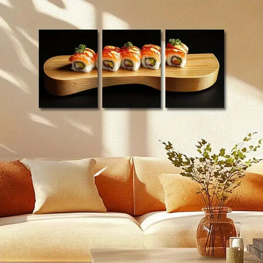 3pcs Vibrant Sushi Rolls with Wasabi & Soy Sauce Metal Print Ready to Hang Art