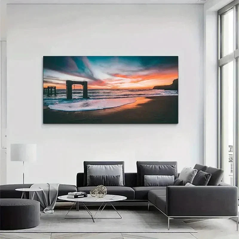 Beach Sunset Scene With Waves Wall Art Canvas Office Home Room Framed 80x45cm