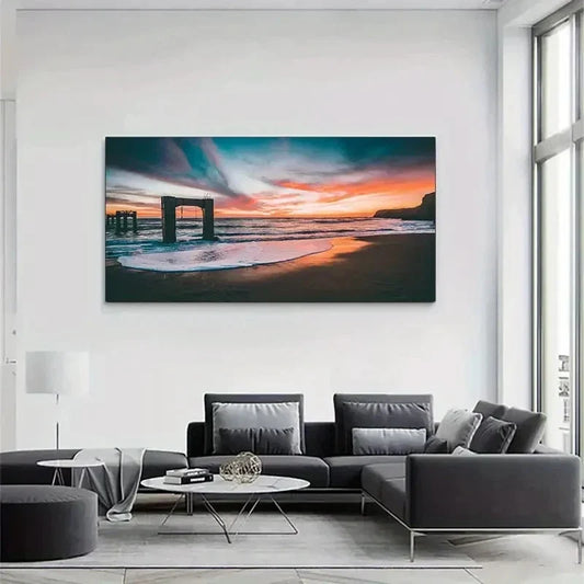 Beach Sunset Scene With Waves Wall Art Canvas Office Home Room Framed 80x45cm