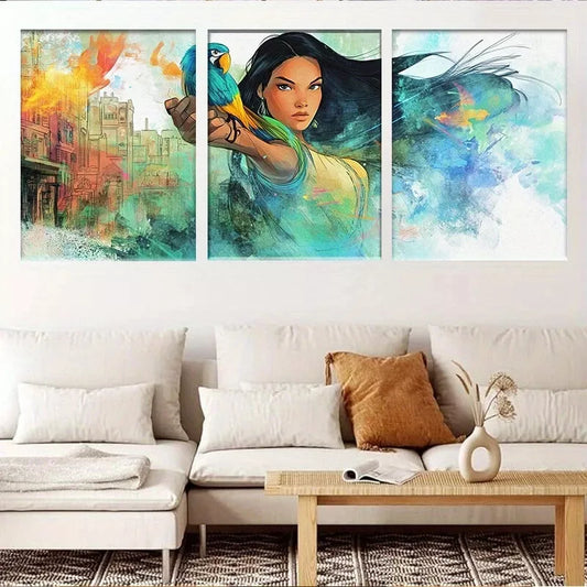 3pcs Bold Woman with Parrot, Vibrant Fantasy Wall Art Set Canvas Framed 40x60cm - High Quality Print 100% Australian Made Wall Canvas Ready to Hang