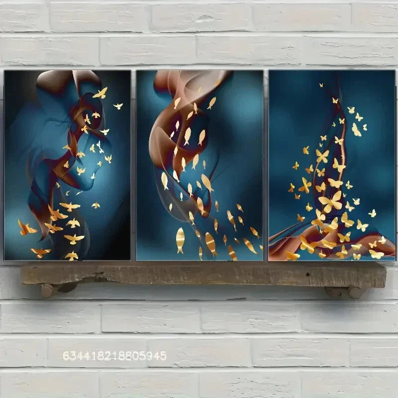 3pcs Birds and butterflies on a blue background Metal Print Ready to Hang Art