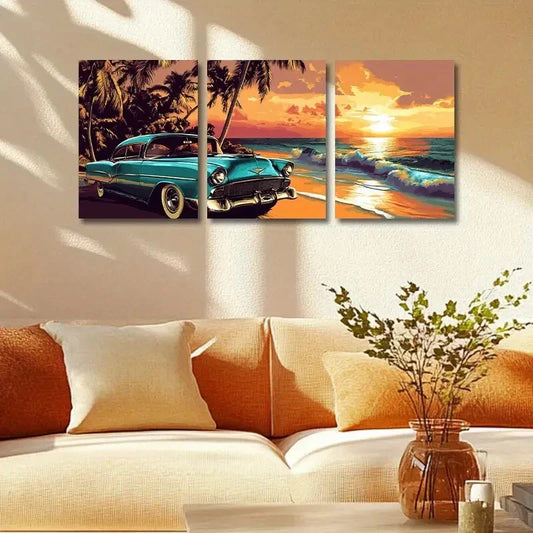 3pcs Vibrant Sunset Car Print Ready to Hang Art