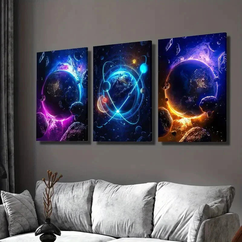 3pcs Outer Space & Sci-Fi Fantasy Planets Wall Art Set Canvas Framed 40x60cm - High Quality Print 100% Australian Made Wall Canvas Ready to Hang