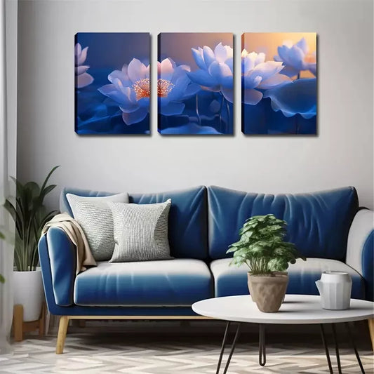 3pcs Blue And White Flowers Decorations Wall Art Set Canvas Framed 40x60cm - High Quality Print 100% Australian Made Wall Canvas Ready to Hang