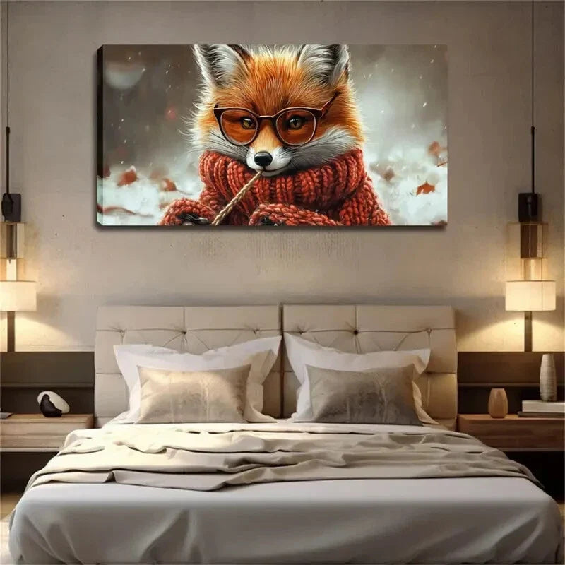 A Fox Wearing Glasses Scarf Wall Art Canvas Office Home Room Framed 80x45cm