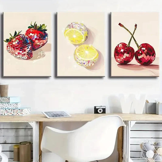 3pcs Cherry, Lemon and Strawberry Metal Print Ready to Hang Art