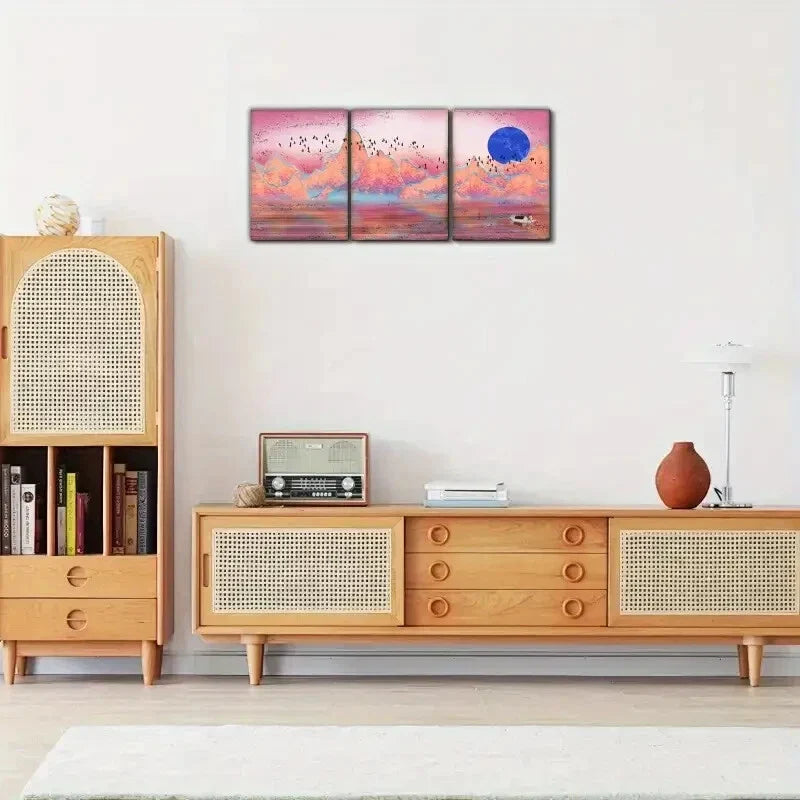 3pcs , Landscape art deco poster, solar sailboat Metal Print Ready to Hang Art