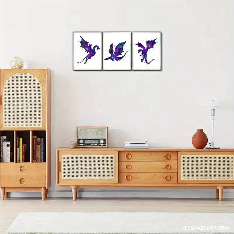 3pcs Stylish Space Artistic Decoration Dragon Metal Print Ready to Hang Art