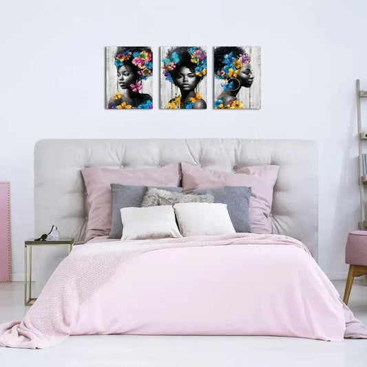 3pcs Beautiful Portraits with Floral Butterfly Metal Print Ready to Hang Art