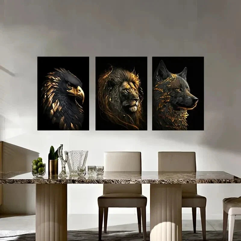 3pcs Stylish Animal with Golden Accents Metal Print Ready to Hang Art