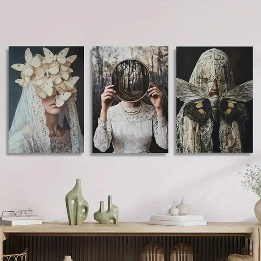 3pcs Surreal Illustration of Butterflies, Women, Metal Print Ready to Hang Art