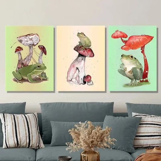3pcs Whimsical Frog Retro Style Animal Posters Metal Print Ready to Hang Art
