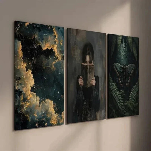 3pcs Dark Female Reading Moth & Botanical Decor Wall Art Set Canvas Framed 40x60cm - High Quality Print 100% Australian Made Wall Canvas Ready to Hang