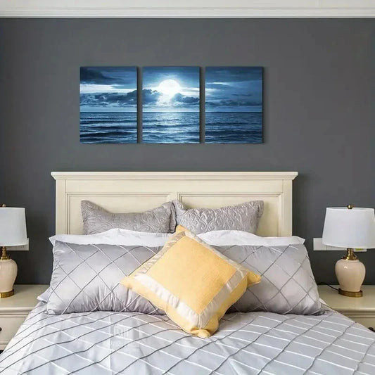 3pcs Modern Blue Sea View with Full Moon Metal Print Ready to Hang Art