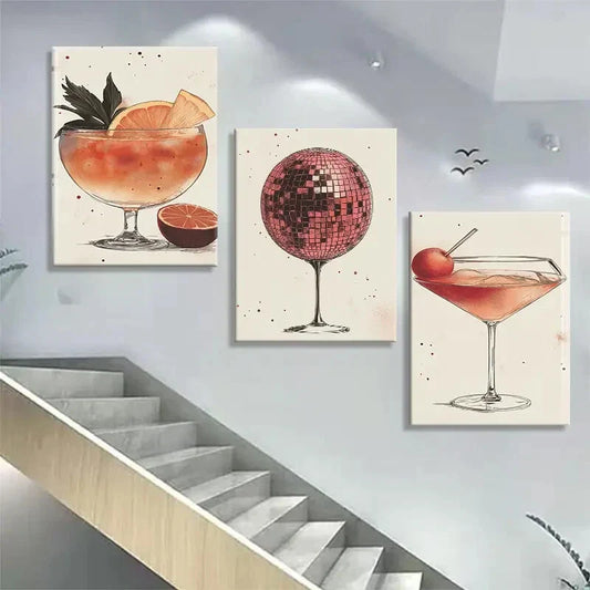3pcs Cocktail Disco Ball Martini Glass Perfect Wall Art Set Canvas Framed 40x60cm - High Quality Print 100% Australian Made Wall Canvas Ready to Hang