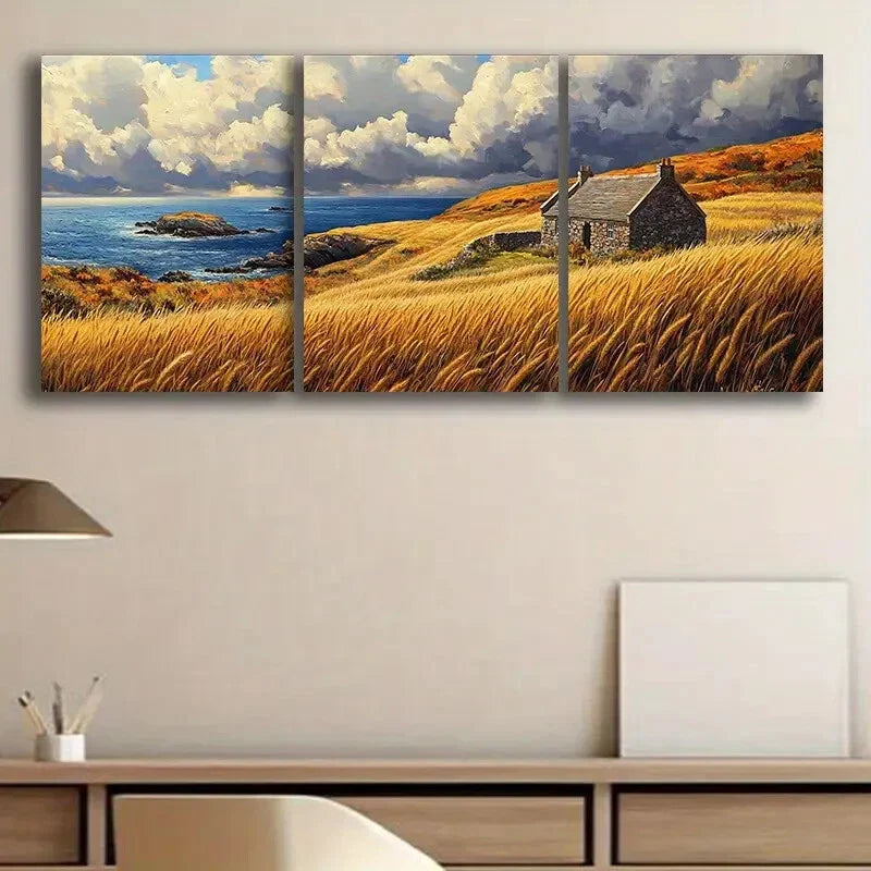 3pcs Countryside Wheat Field and Old Croft House Metal Print Ready to Hang Art