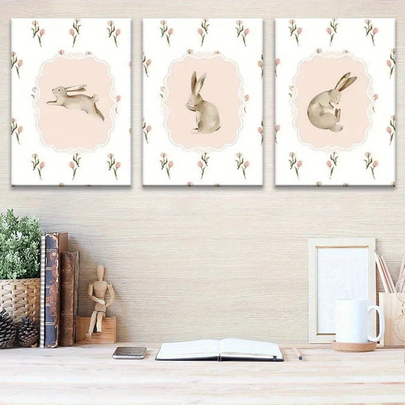 3pcs Charming Spring Playful Bunnies Colorful Eggs Metal Print Ready to Hang Art