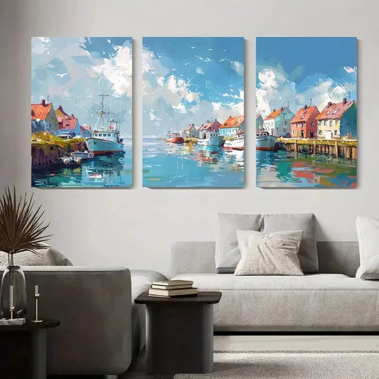 3pcs Colorful Coastal Village, Scenic Harbor Metal Print Ready to Hang Art