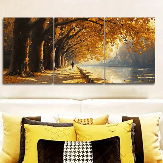 3pcs Golden autumn trees along the river Wall Art Set Canvas Framed 40x60cm - High Quality Print 100% Australian Made Wall Canvas Ready to Hang