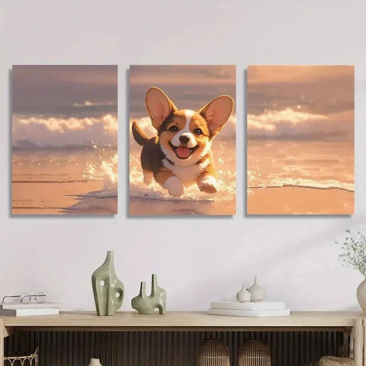 3pcs puppy Corgi is a lively and energetic, Puppy Metal Print Ready to Hang Art