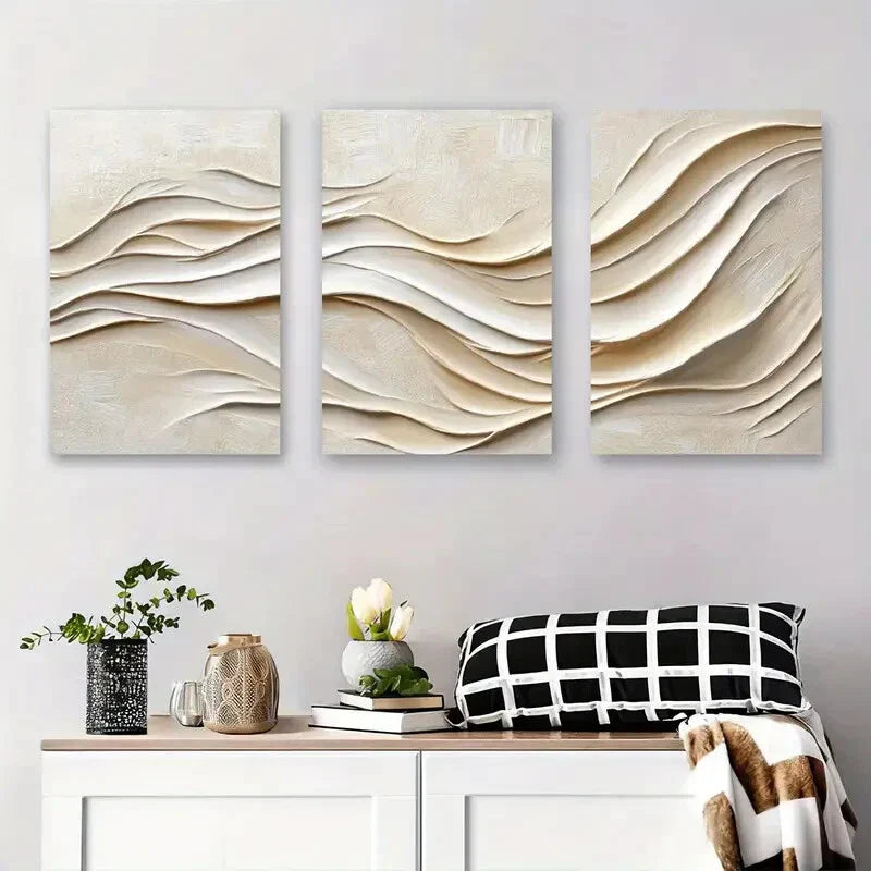 3pcs Abstract Beige Textured Contemporary Metal Print Ready to Hang Art