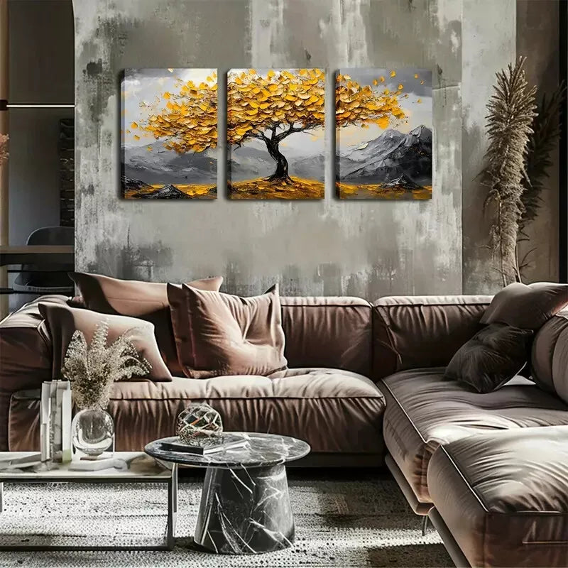 3pcs Yellow Leaf, Big Tree Wall Art Set Canvas Framed 40x60cm - High Quality Print 100% Australian Made Wall Canvas Ready to Hang