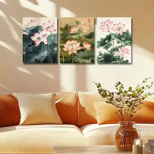 3pcs Pink Lotus Flower with Greenery Metal Print Ready to Hang Art