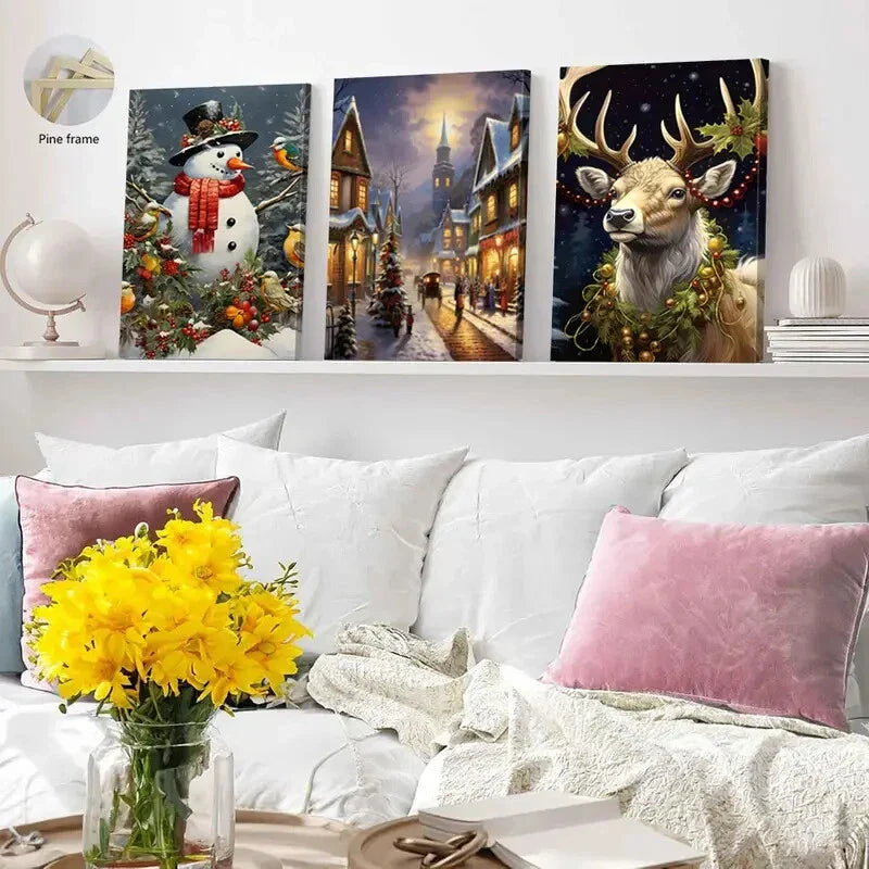 3pcs Winter Scenes Snowmen Wall Art Set Canvas Framed 40x60cm - High Quality Print 100% Australian Made Wall Canvas Ready to Hang