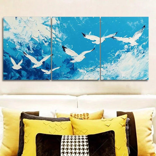 3pcs White Seagulls Birds Nature Sky Wall Art Set Canvas Framed 40x60cm - High Quality Print 100% Australian Made Wall Canvas Ready to Hang