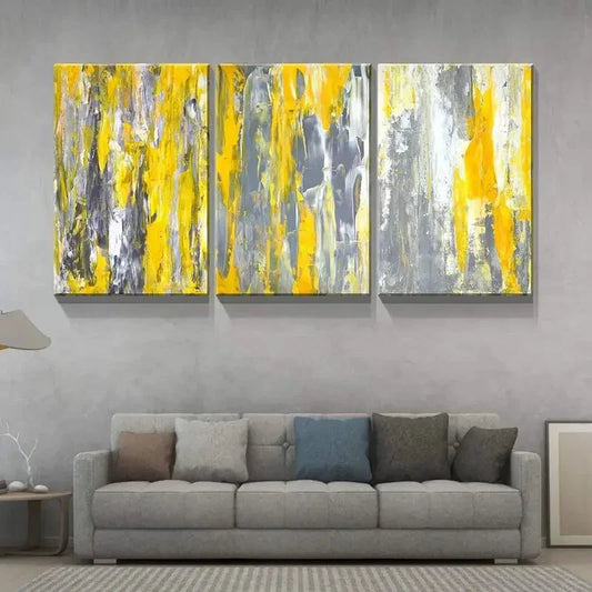 3pcs Yellow and Gray Abstract Painting Metal Print Ready to Hang Art