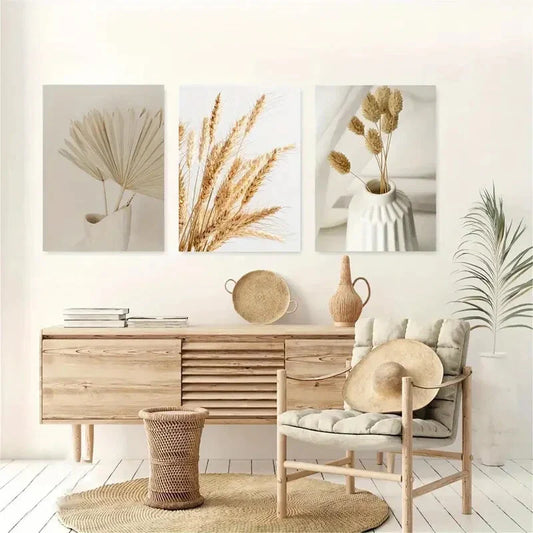 3pcs Grass and Reed Leaf Minimalism Painting Metal Print Ready to Hang Art