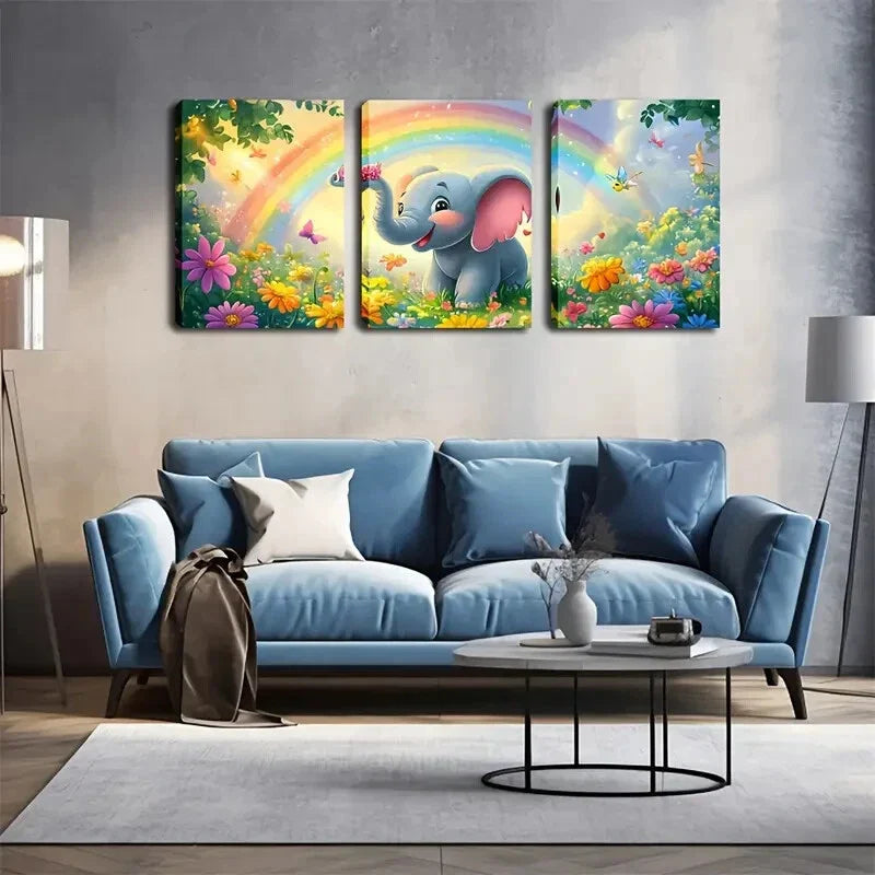 3pcsBaby Elephant and Floral Cartoon Design Wall Art Set Canvas Framed 40x60cm - High Quality Print 100% Australian Made Wall Canvas Ready to Hang