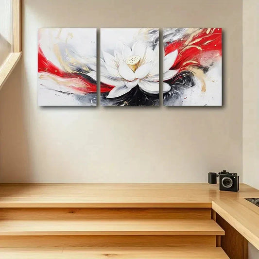 3pcs White Lotus Flower with Vibrant Abstract Metal Print Ready to Hang Art