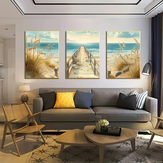 3pcs Beach Sand Dunes & Pier Scenic Metal Print Ready to Hang Art