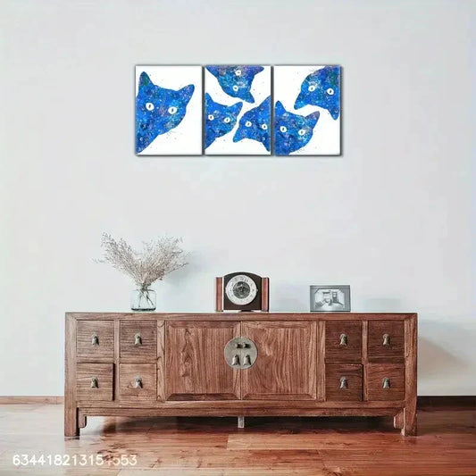 3pcs Adorable Blue Cat Cartoon Feline Design Metal Print Ready to Hang Art