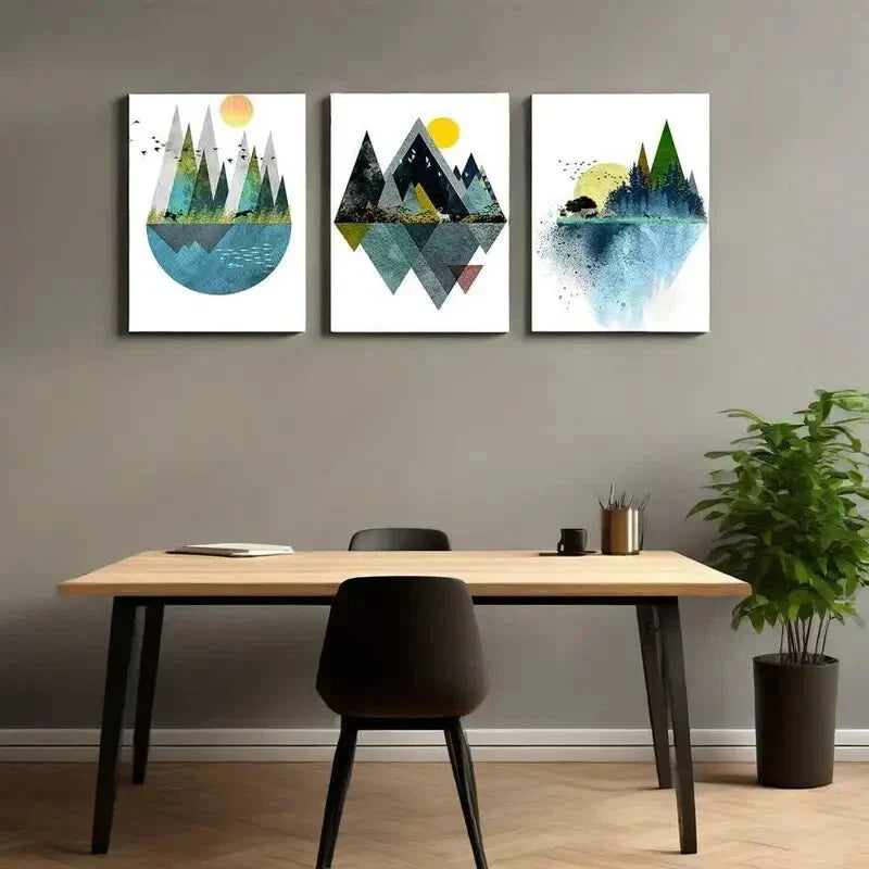 3pcs Abstract Geometric Mountain Landscape Metal Print Ready to Hang Art