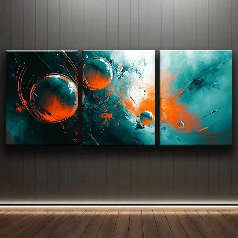 3pcs Abstract Orange Swirl Modern Luxurious Metal Print Ready to Hang Art