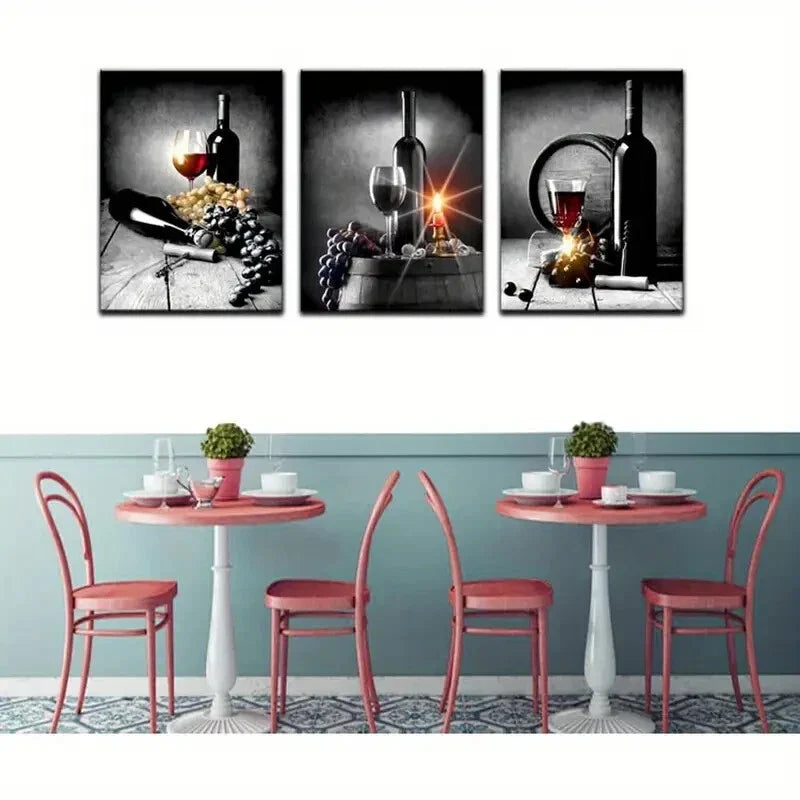 3pcs Wine with Grape Kitchen Painting Pictures Metal Print Ready to Hang Art