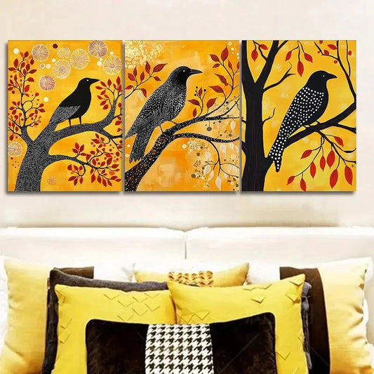 3pcs The psychic crow In Yellow Background Wall Art Set Canvas Framed 40x60cm - High Quality Print 100% Australian Made Wall Canvas Ready to Hang