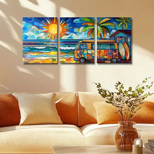 3pcs Colorful Surf Van & Palm Trees Design Metal Print Ready to Hang Art