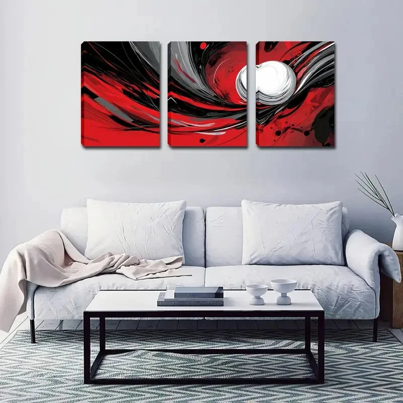 3pcs Red And Black Color Rotating Abstract Metal Print Ready to Hang Art