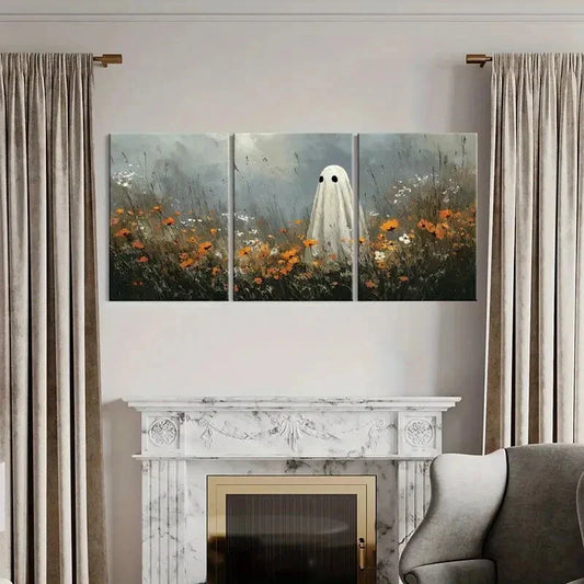 3pcs Artistic Ghost Figure Floral Field Mysterious Metal Print Ready to Hang Art