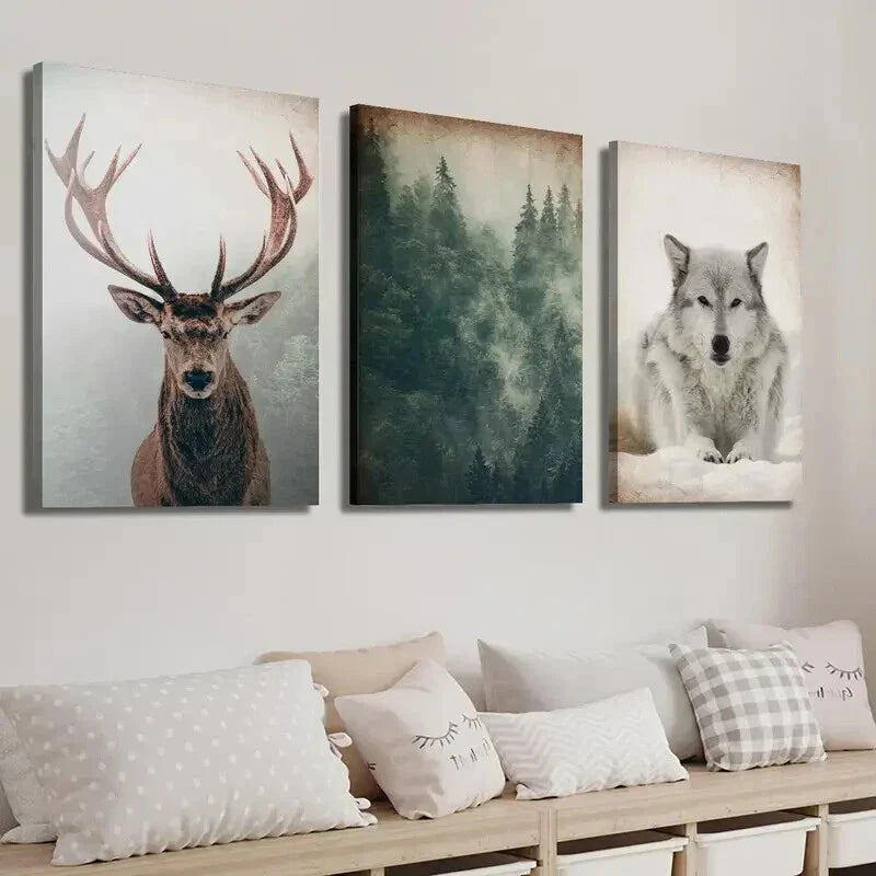 3pcs Vintage Forest and Animals Deer and Wolf Wall Art Set Canvas Framed 40x60cm - High Quality Print 100% Australian Made Wall Canvas Ready to Hang