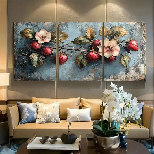 3pcs Rustic Strawberry Blossom Design Metal Print Ready to Hang Art