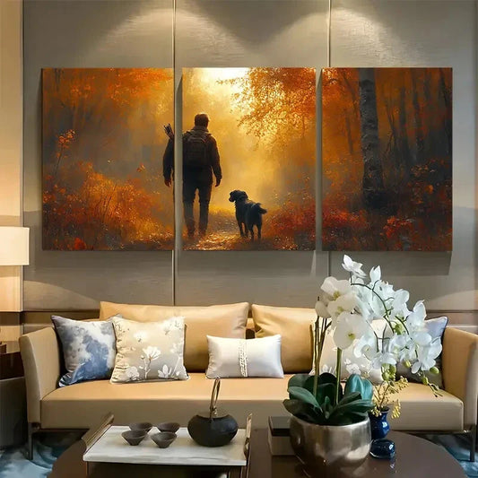 3pcs Hunter and Dog Walking Through Sunlit Forest Metal Print Ready to Hang Art