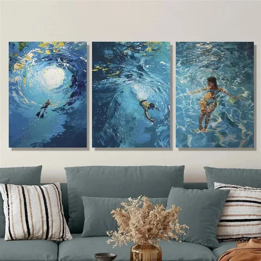 3pcs , Man, woman, sea, swimming art, Metal Print Ready to Hang Art