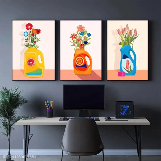 3pcs Abstract Flowers in Vase Decorative Metal Print Ready to Hang Art