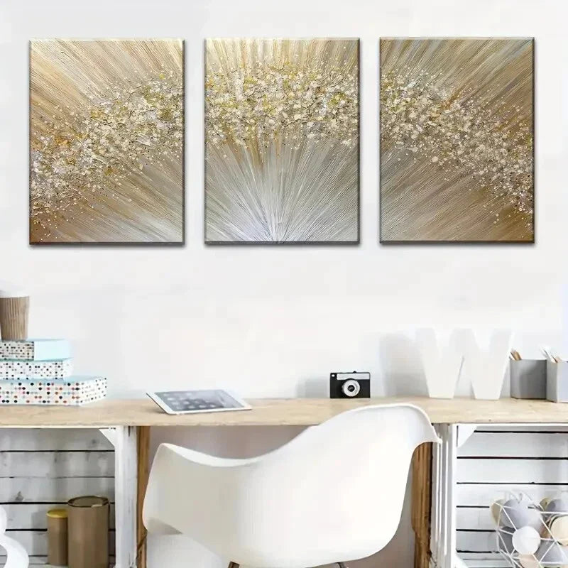 3pcs Golden Abstract Light Design Metal Print Ready to Hang Art