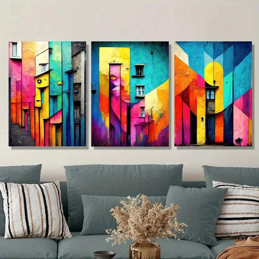 3pcs Abstract Colorful Street Architecture Metal Print Ready to Hang Art